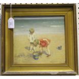 Gerald Wakeman - 'Excavations' (Two Children playing on a Beach), oil on canvas-board, signed recto,