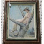 Henry - Lady wearing a Sun Hat sitting in a Tree, 20th century oil on canvas-board, signed, 53cm x