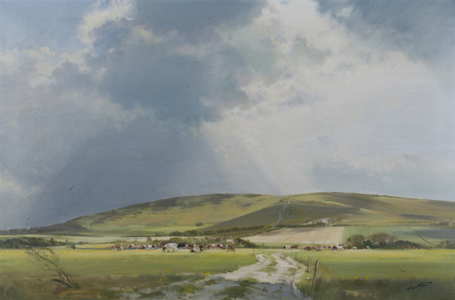 Frank Wootton - 'A Passing Storm, Windover Hill, Sussex', 20th century oil on canvas, signed - Image 8 of 8