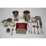 A small group of silver and plated items, including a George V silver christening mug,