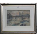 Claude Marks - Westminster from the Thames, watercolour with gouache and coloured chalks, signed,