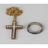 A Victorian gold, blue enamelled and half-pearl set pendant cross, length 4.2cm, with a gold oval