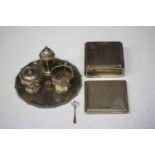 A George V silver three-piece condiment set of octagonal form, comprising salt, pepper and