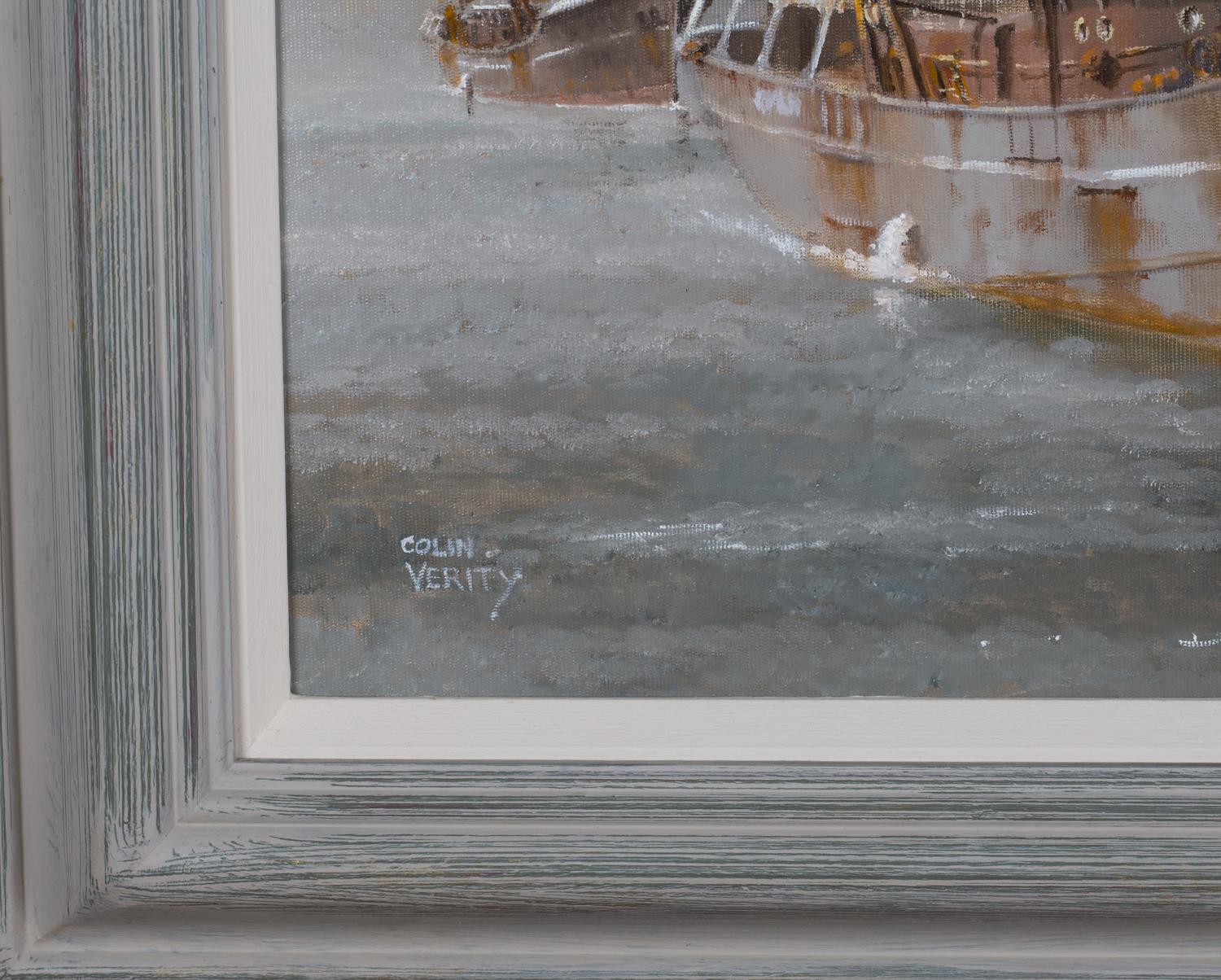 Colin Verity - Grimsby Fishing Vessels in a Harbour, 20th century oil on canvas-board, signed, 44. - Image 4 of 4