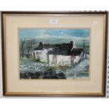 Ray Evans - Farmhouse in a Landscape, 20th century mixed media with watercolour and oil on paper,