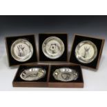 A set of five French sterling silver collectors' plates, each decorated with a different animal by