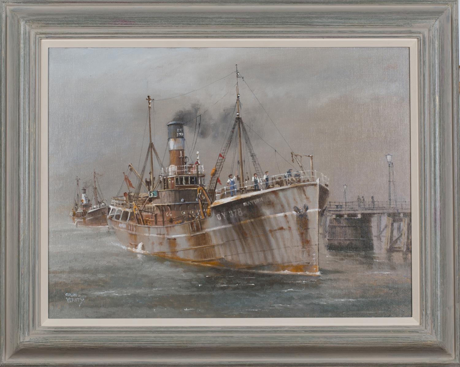 Colin Verity - Grimsby Fishing Vessels in a Harbour, 20th century oil on canvas-board, signed, 44.