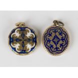 A gold and enamelled circular pendant locket, the front and back with engraved scroll and blue and