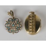 A 9ct gold, turquoise and seed pearl pendant of star and scroll form, Birmingham 1910 by Edwin