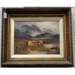 Arthur Gruham - Highland Cattle near a Loch, a pair of late 19th/early 20th century oils on