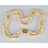 A two row necklace of slightly graduated cultured pearls on a gold and ruby clasp with spiral