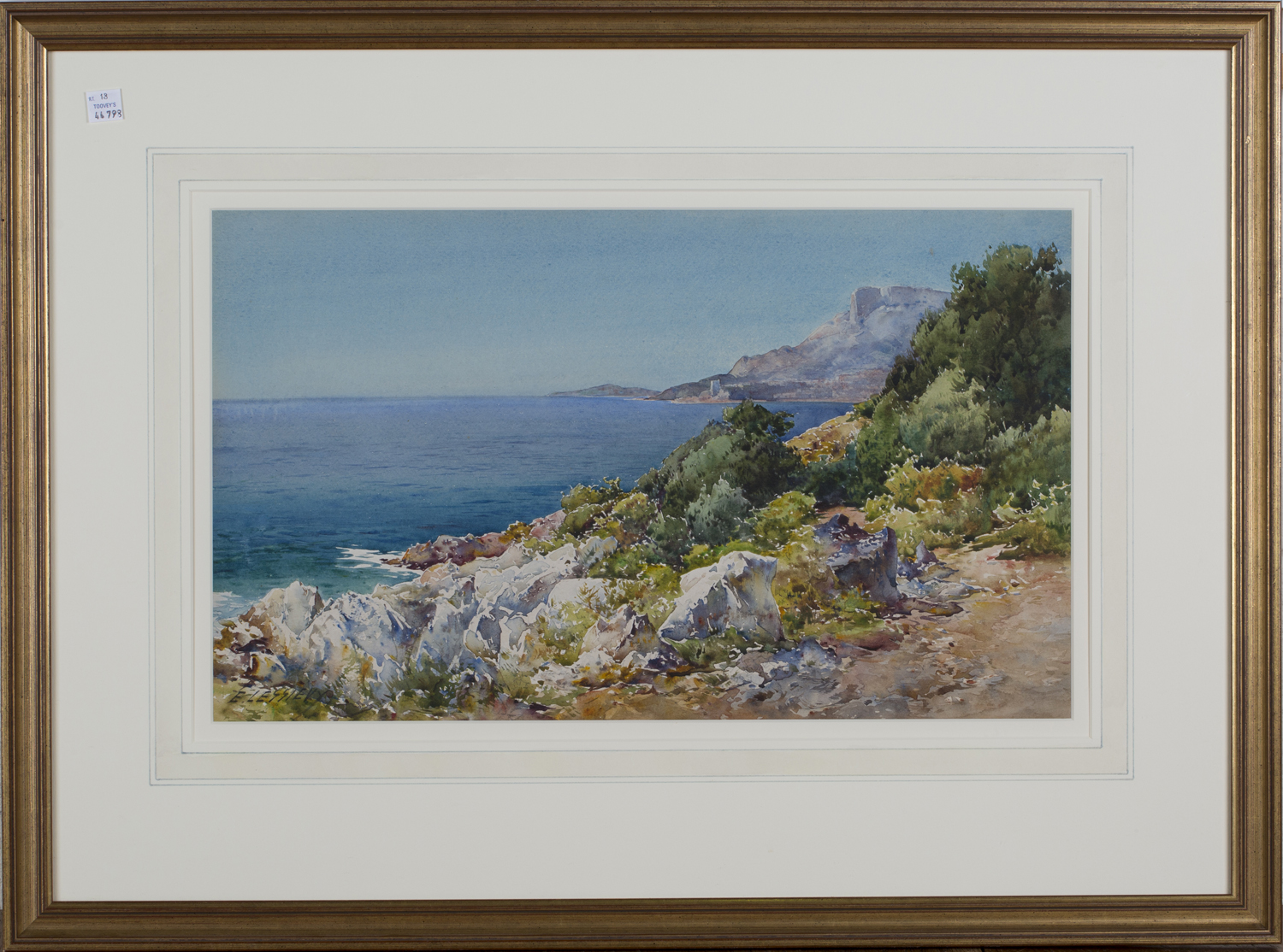 Ernest Lessieux - 'The Coast at Cap Martin', 20th century watercolour, signed recto, titled label