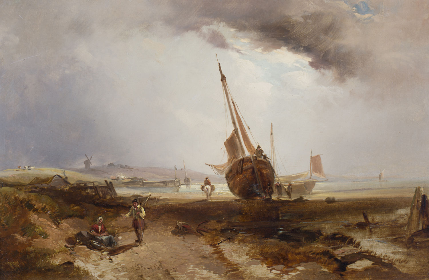 Circle of Clarkson Stanfield - Coastal Landscape with Sailing Vessels and Distant Windmill, 19th - Image 4 of 4