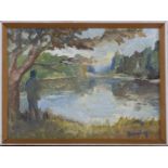 Ronald Ossory Dunlop - Figure on the on the Bank of a Lake, mid-20th century oil on board, signed,