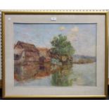 Maaike Adriana Barthélemy-Kronenberg - Landscape with River and Buildings, 20th century oil on