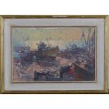 John Martin - 'Fishing Boats at Hastings', 20th century oil on board, signed with initials recto,