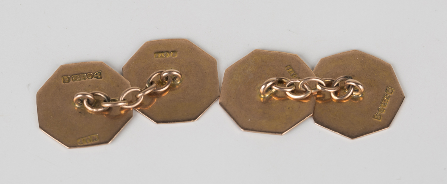 A pair of 9ct gold octagonal cufflinks, initial engraved within engine turned borders, Chester - Image 2 of 2