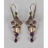 A pair of gold, diamond, demantoid garnet and cabochon amethyst pendant earrings, each designed as a