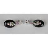 A pair of white gold, onyx, peridot, pink sapphire and diamond pendant earrings, each oval onyx drop