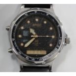 A Seiko Quartz Sports 150 Alarm Chronograph gentleman's wristwatch with signed black dial, the