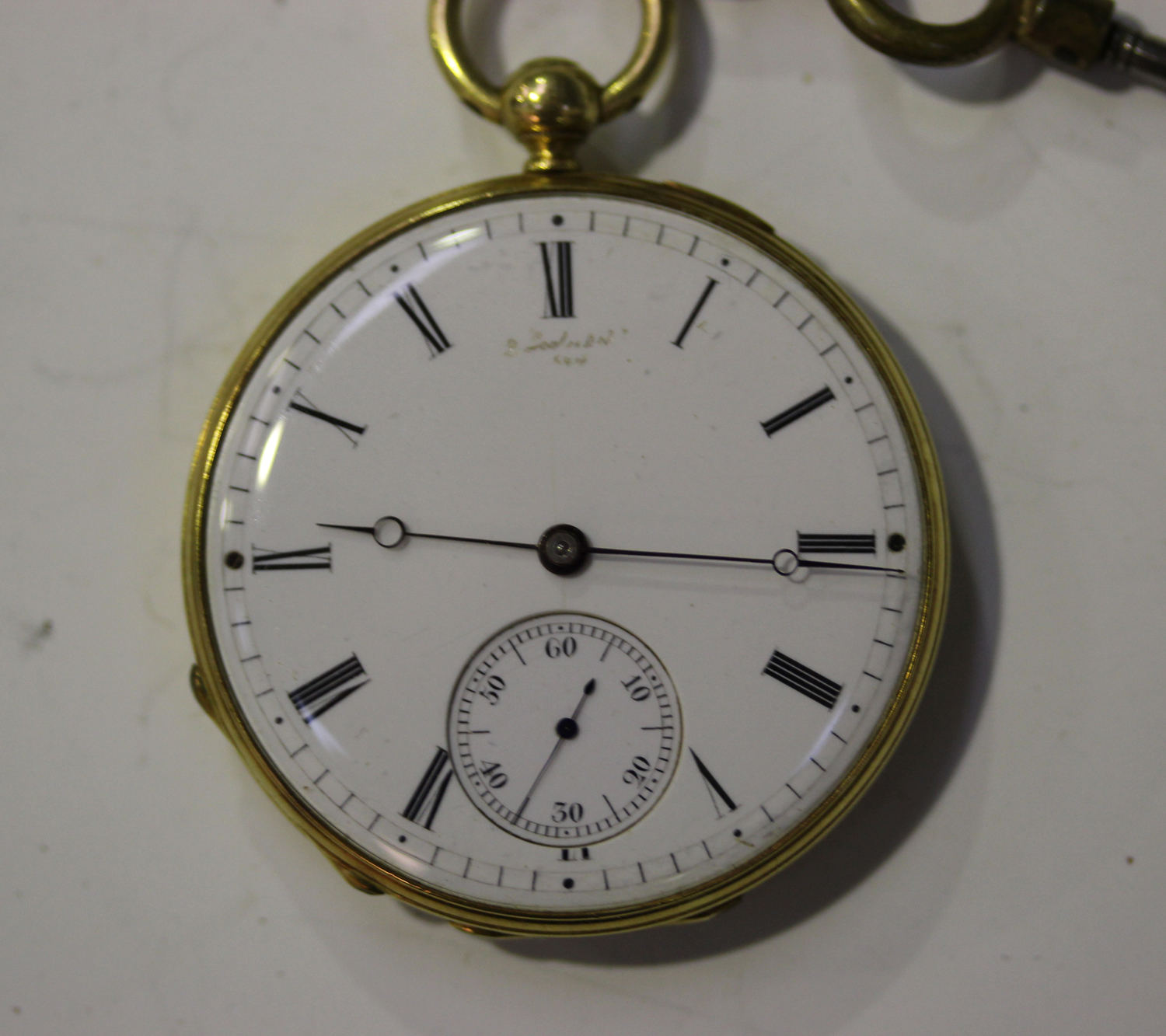 A gold cased keywind open-faced lady's fob watch, the gilt cylinder movement detailed 'V. Albaret