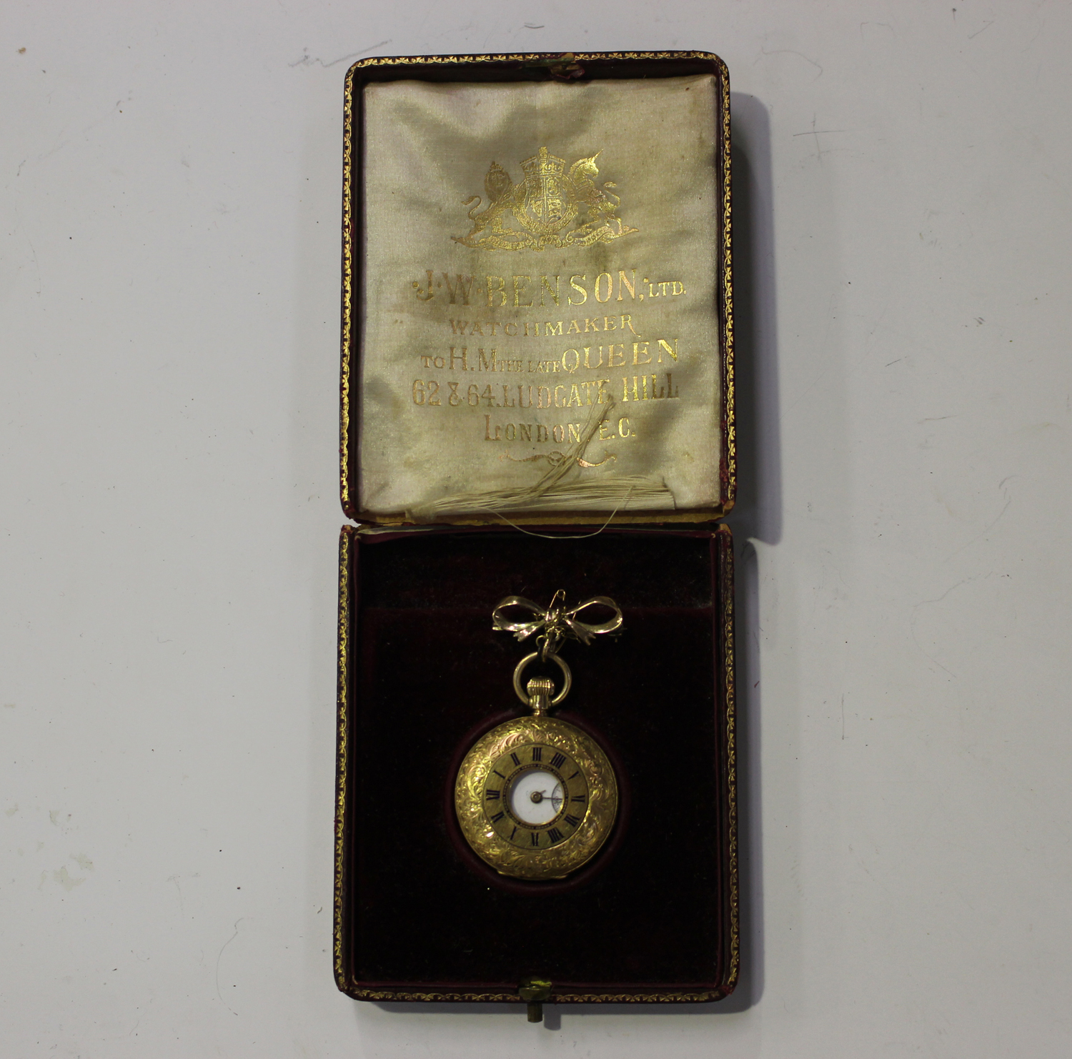 A J.W. Benson retailed gold keyless wind half-hunting cased lady's fob watch with signed jewelled - Image 4 of 8