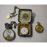 A gold cased keyless wind open-faced lady's fob watch with unsigned jewelled cylinder movement, base