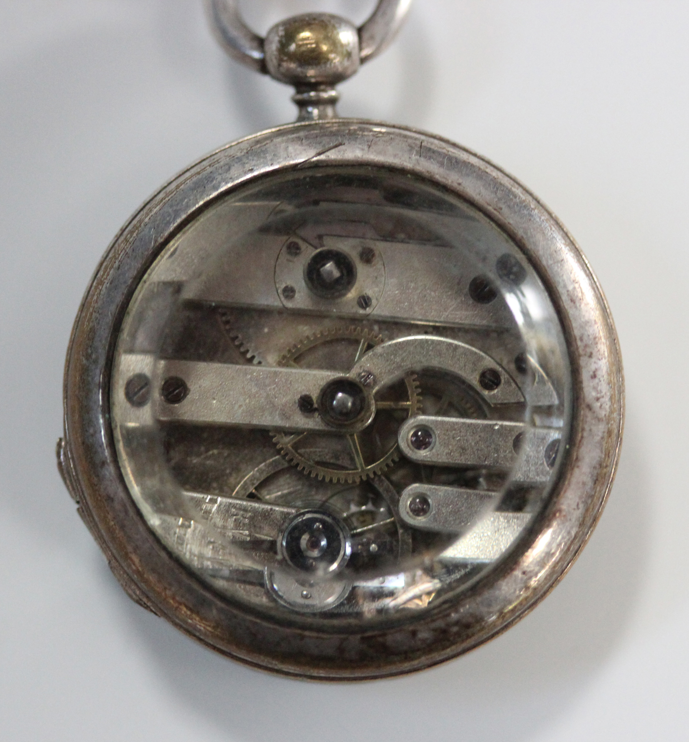 A silver plated metal keywind open-faced lady's fob watch with visible jewelled cylinder movement, - Image 3 of 3