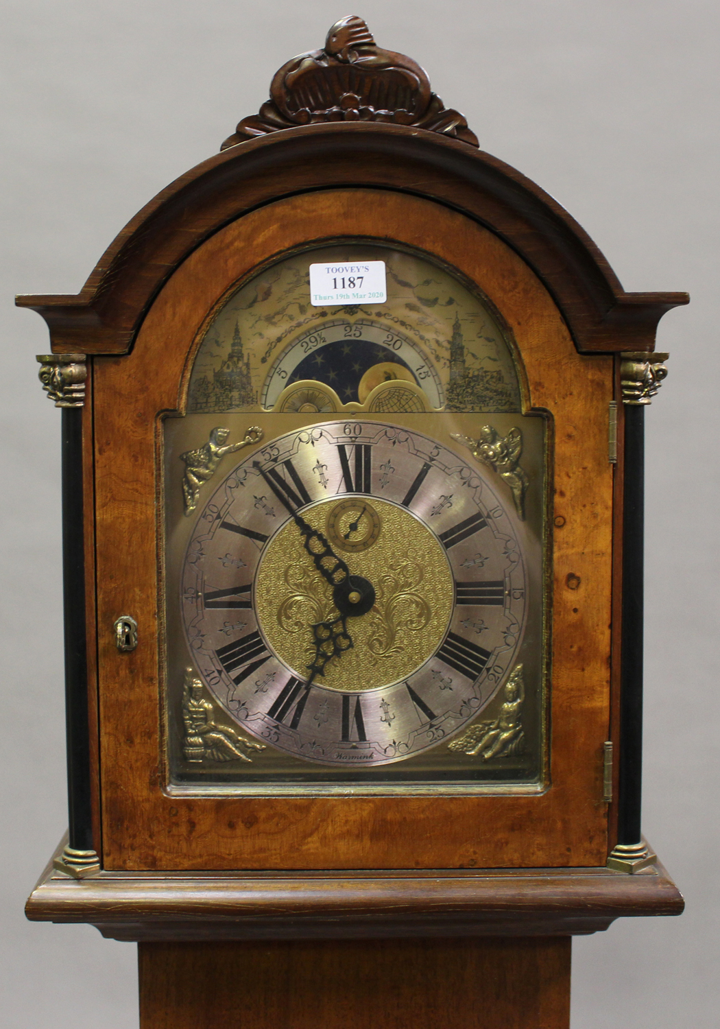 A 20th century Dutch walnut longcase clock with three train movement striking on gongs, the brass - Image 3 of 5
