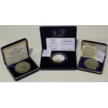 Three silver commemorative medallions, comprising R.J. Mitchell Centenary 1995, Concorde's Last
