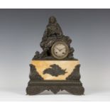 A mid-19th century French bronze and Sienna marble mantel clock, the eight day movement with silk