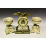 A late 19th century French marble and brass clock garniture, the drum cased clock with eight day