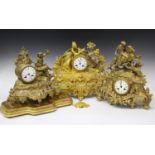 A late 19th century French gilt spelter mantel clock with eight day movement striking on a bell