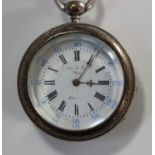 A silver plated metal keywind open-faced lady's fob watch with visible jewelled cylinder movement,