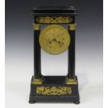 A mid to late 19th century French ormolu mounted ebonized portico mantel clock with eight day