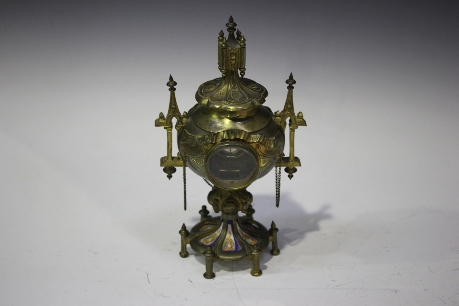 A late 19th century French gilt brass and porcelain table clock with eight day movement striking