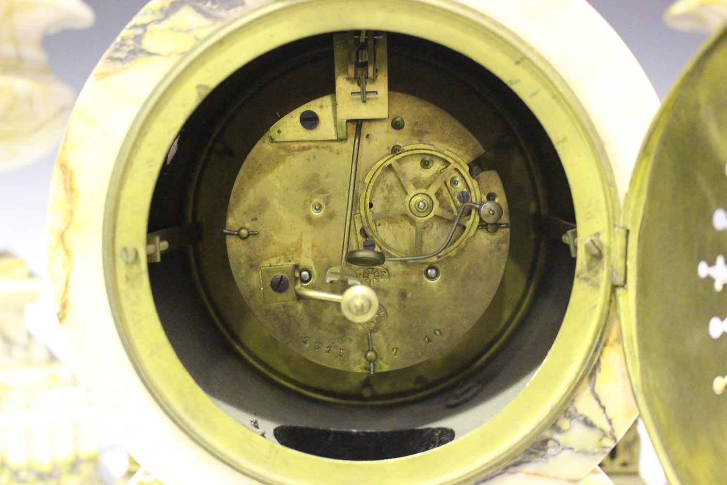 A late 19th century French marble and brass clock garniture, the drum cased clock with eight day - Image 3 of 4