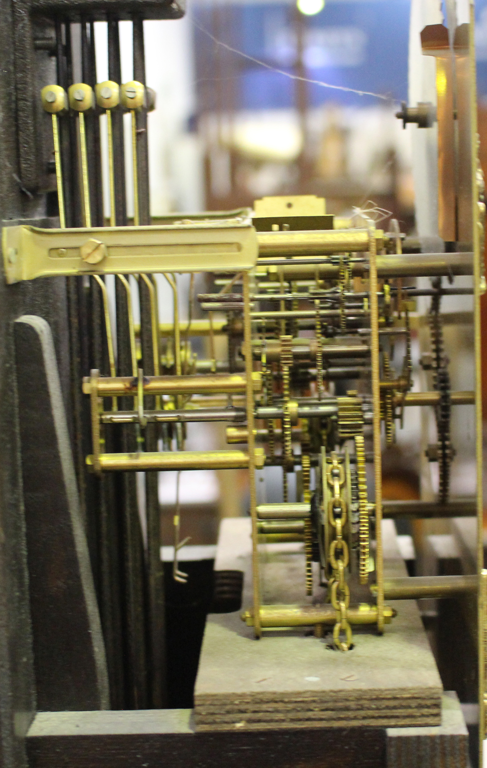 A 20th century Dutch walnut longcase clock with three train movement striking on gongs, the brass - Image 4 of 5