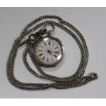 A .935 silver cased lady's fob watch, the enamel dial with Roman numerals, case diameter 3.5cm, with