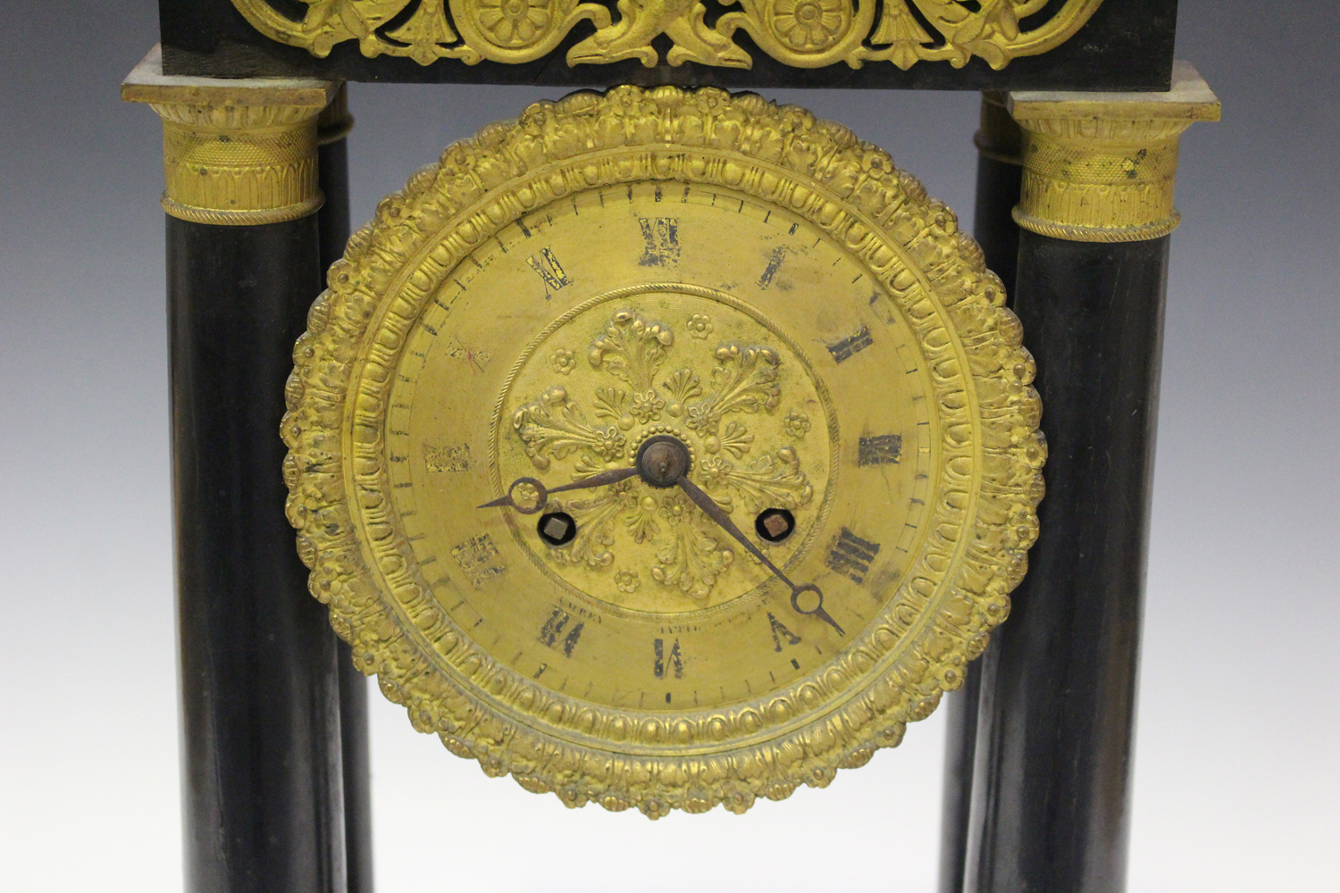 A mid to late 19th century French ormolu mounted ebonized portico mantel clock with eight day - Image 4 of 4