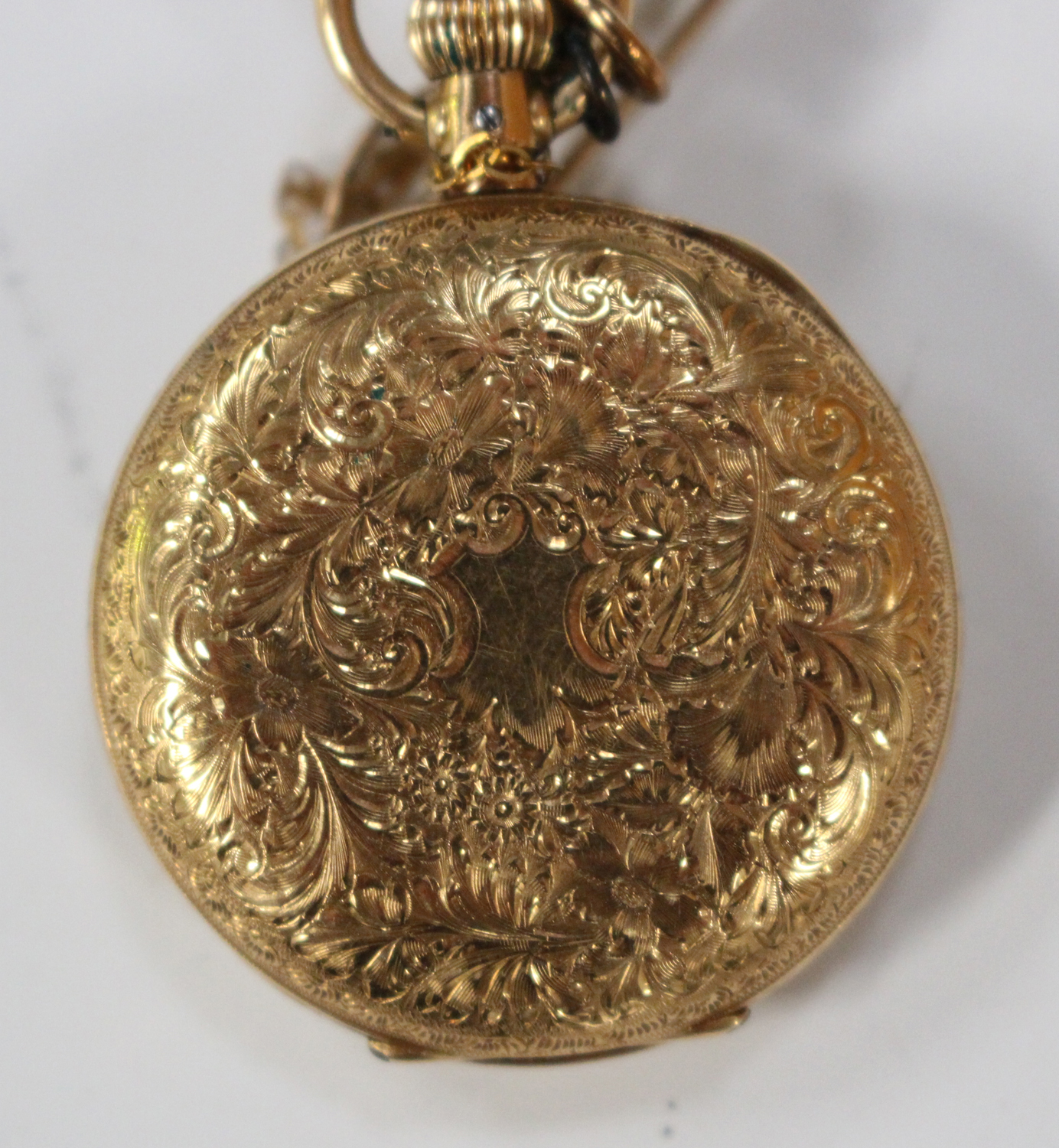 A J.W. Benson retailed gold keyless wind half-hunting cased lady's fob watch with signed jewelled - Image 2 of 8