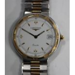 A Longines Quartz stainless steel and gilt metal gentleman's bracelet wristwatch, the signed white