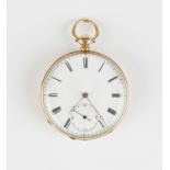 A gold cased keywind open-faced gentleman's pocket watch with unsigned gilt jewelled lever movement,