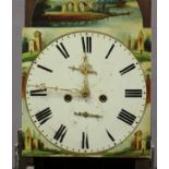 A George III longcase clock with eight day movement striking on a bell, the painted breakarch dial