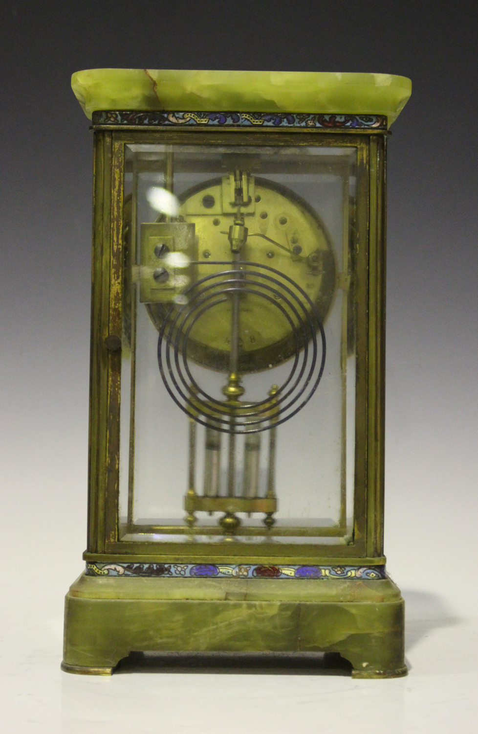 An early 20th century French brass, onyx and champlevé enamel four glass mantel clock with eight day - Image 5 of 6