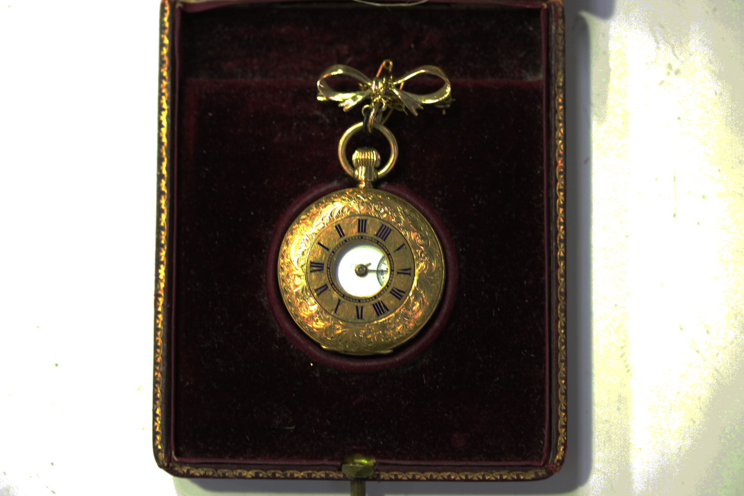 A J.W. Benson retailed gold keyless wind half-hunting cased lady's fob watch with signed jewelled - Image 3 of 8