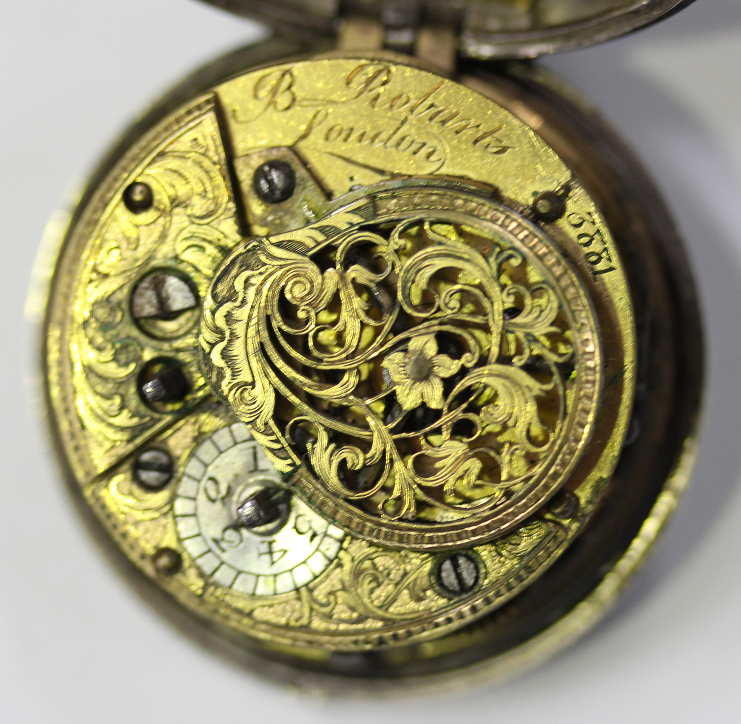 A mid-18th century silver and tortoiseshell pair cased key wind open-faced gentleman's pocket watch, - Image 7 of 8