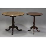 A George III mahogany circular tip-top wine table, the finely turned stem on tripod legs, height