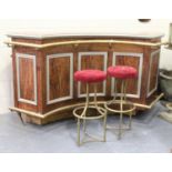 A 20th century French faux walnut curved mini bar with brass handles and foot rests, height 115cm,
