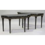 A pair of modern Neoclassical style console tables, the brass inlaid hardstone veneered tops above